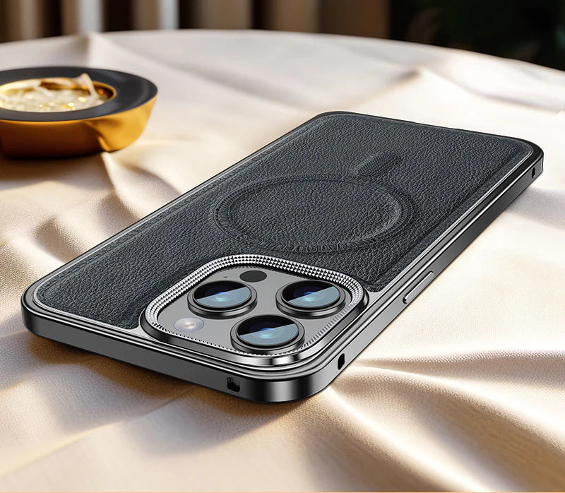 Luxury iPhone Case MagSafe Compatible Leather Back Cover — Aluminum Alloy Metal Frame, Shockproof Design, Magnetic Wireless Charging, Premium Finish