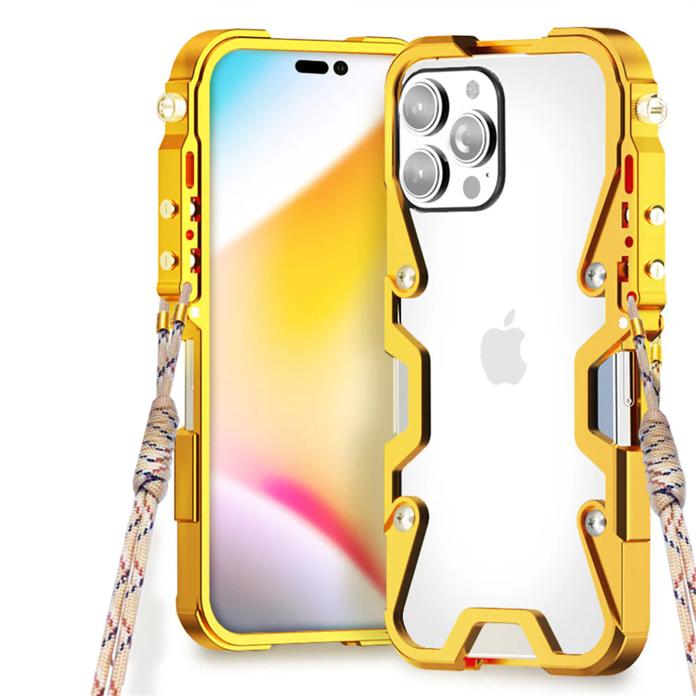 Rugged iPhone Case Aluminum Alloy Bumper Frame — Lightweight Metal Armor Cover, Shockproof Protective Shell with Smooth Edges and Included Lanyard