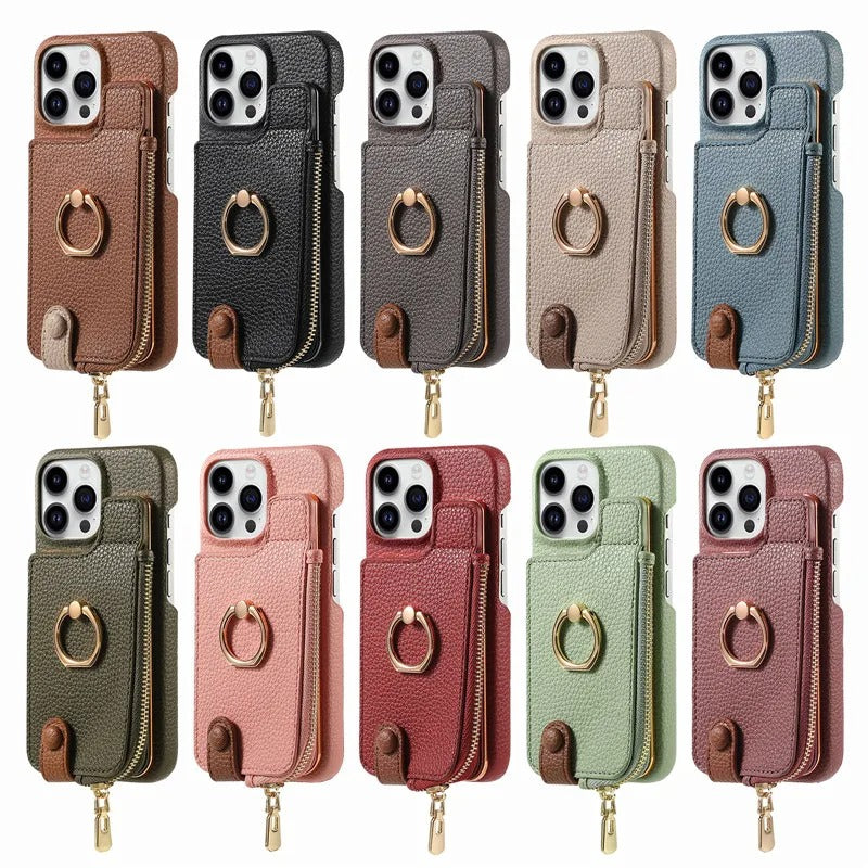 Luxury iPhone Leather Zipper Wallet Case — Card Holder Slot, Ring Kickstand Stand, Magnetic Closure, Shockproof Drop Protection, Anti-Fingerprint Design