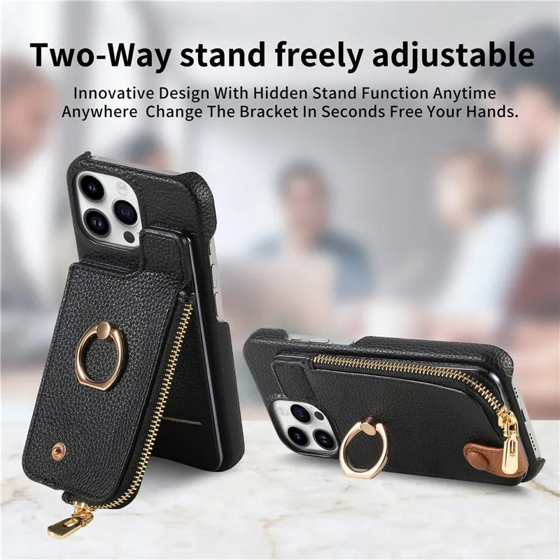 Luxury iPhone Leather Zipper Wallet Case — Card Holder Slot, Ring Kickstand Stand, Magnetic Closure, Shockproof Drop Protection, Anti-Fingerprint Design