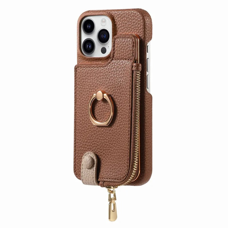 Luxury iPhone Leather Zipper Wallet Case — Card Holder Slot, Ring Kickstand Stand, Magnetic Closure, Shockproof Drop Protection, Anti-Fingerprint Design