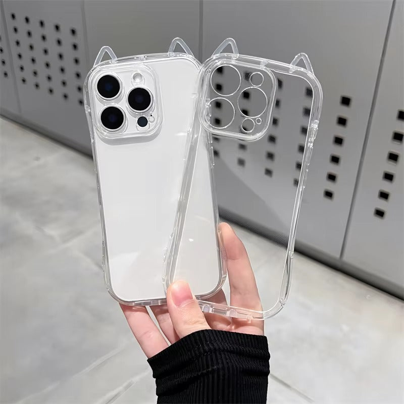Cute iPhone Case 3D Cat Ears Clear TPU Cover — Soft Transparent Shockproof Shell, Anti-Fingerprint Scratch-Resistant Non-Slip Protective Design