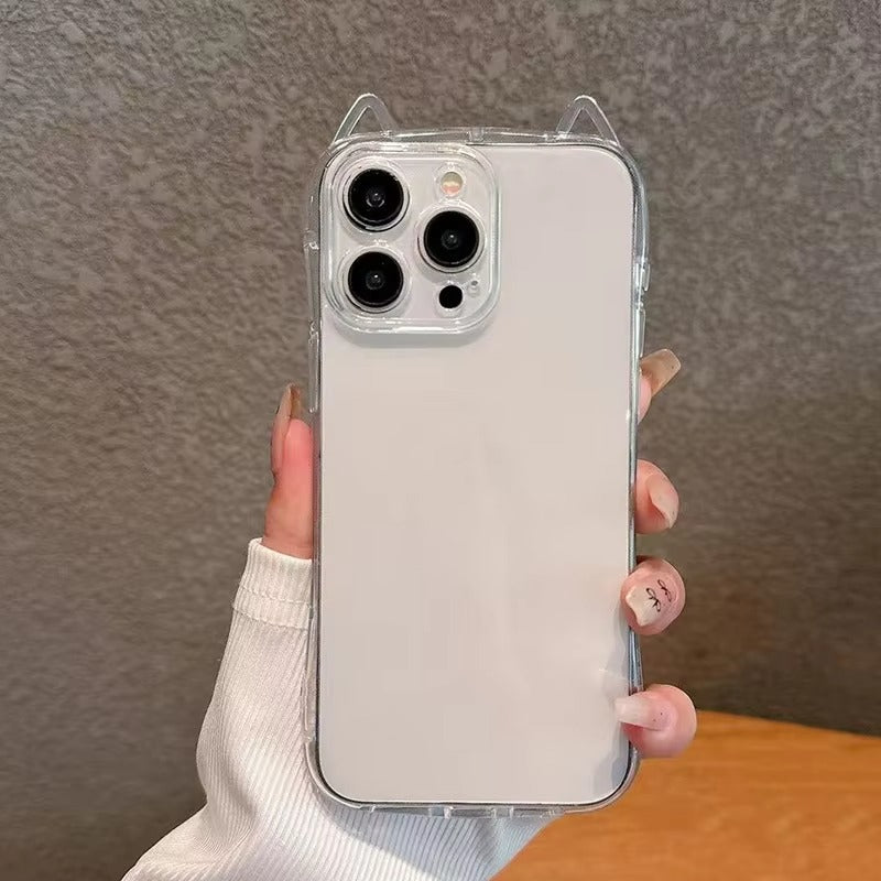 Cute iPhone Case 3D Cat Ears Clear TPU Cover — Soft Transparent Shockproof Shell, Anti-Fingerprint Scratch-Resistant Non-Slip Protective Design