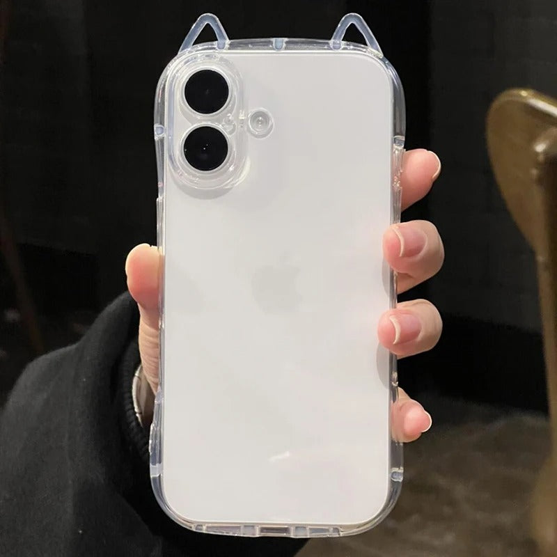 Cute iPhone Case 3D Cat Ears Clear TPU Cover — Soft Transparent Shockproof Shell, Anti-Fingerprint Scratch-Resistant Non-Slip Protective Design