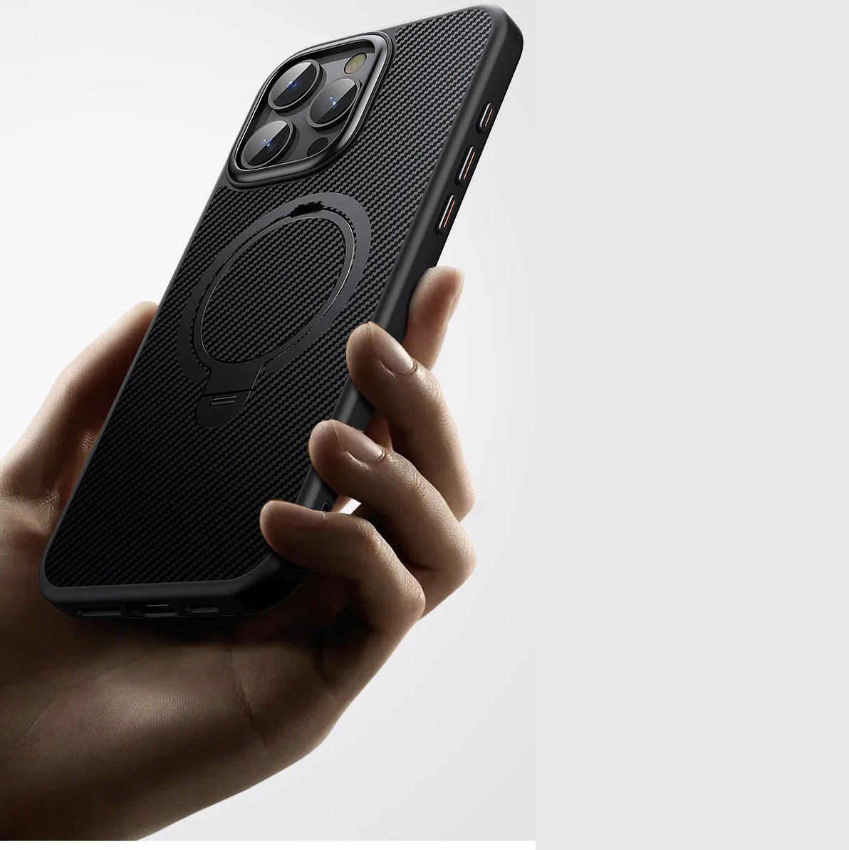 Elite iPhone Case — MagSafe Carbon-Fiber Aramid Style Cover with 360° Ring Stand, Shockproof Airbag Corners and Magnetic Mount Support