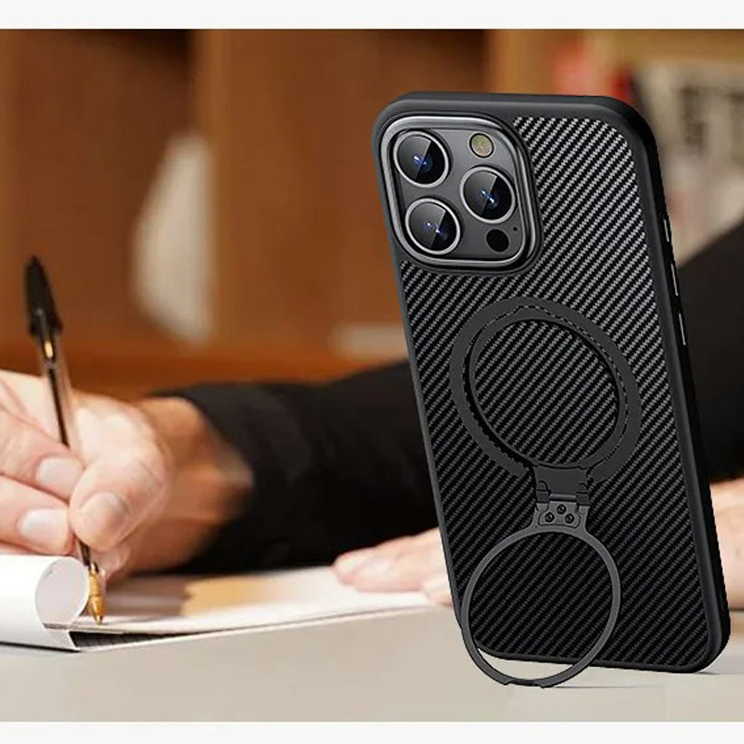 Elite iPhone Case — MagSafe Carbon-Fiber Aramid Style Cover with 360° Ring Stand, Shockproof Airbag Corners and Magnetic Mount Support