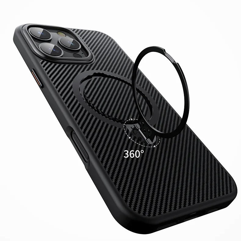 Elite iPhone Case — MagSafe Carbon-Fiber Aramid Style Cover with 360° Ring Stand, Shockproof Airbag Corners and Magnetic Mount Support
