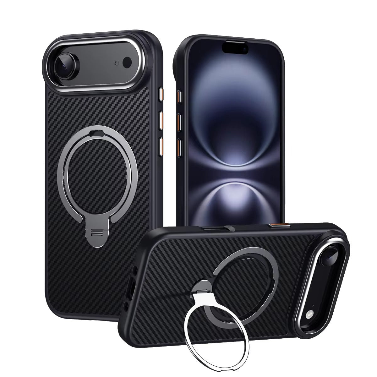 Elite iPhone Case — MagSafe Carbon-Fiber Aramid Style Cover with 360° Ring Stand, Shockproof Airbag Corners and Magnetic Mount Support