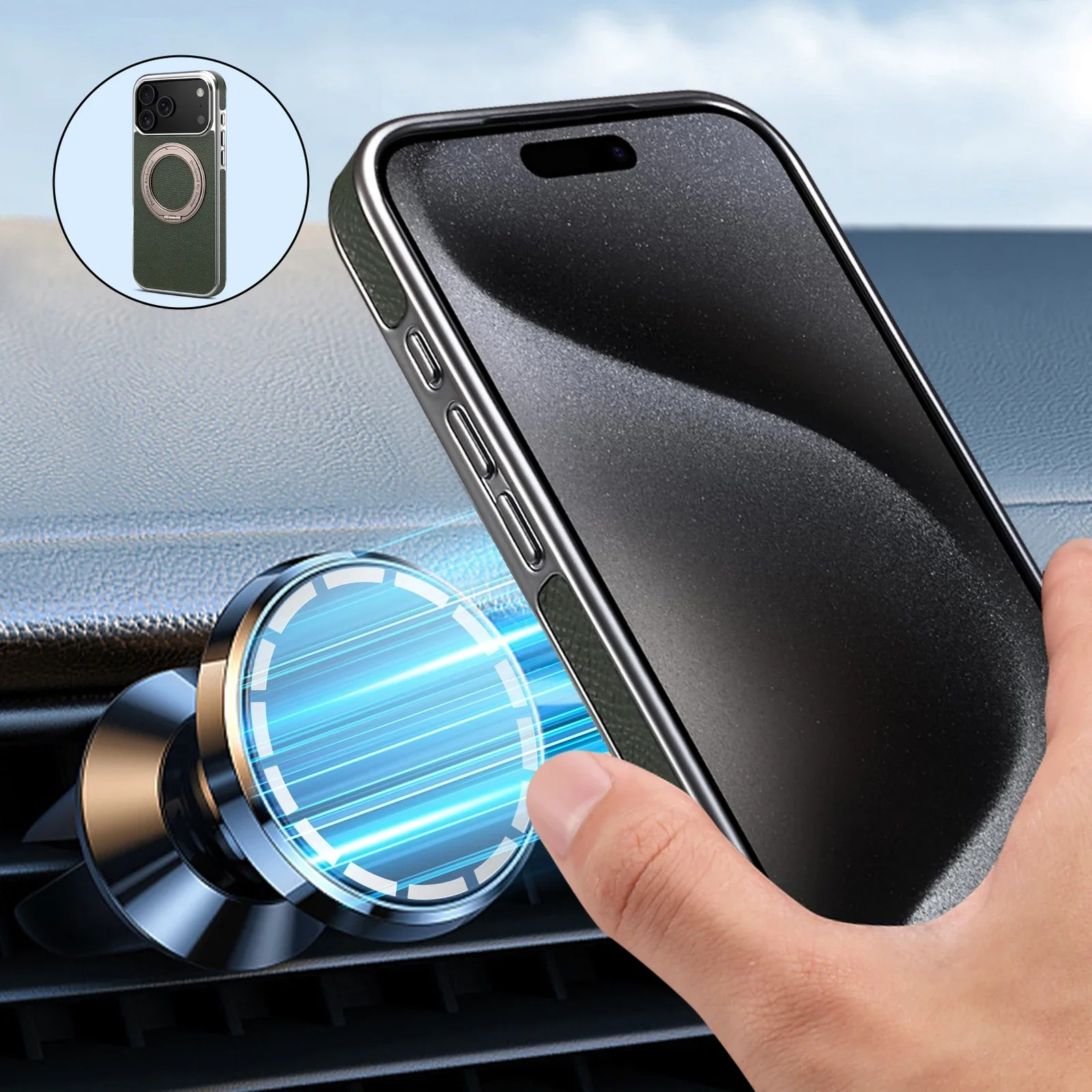 High-End Magnetic iPhone Case — Genuine Cowhide Leather Full Coverage with Invisible Ring Bracket, Shockproof Anti-Fingerprint Slim Design