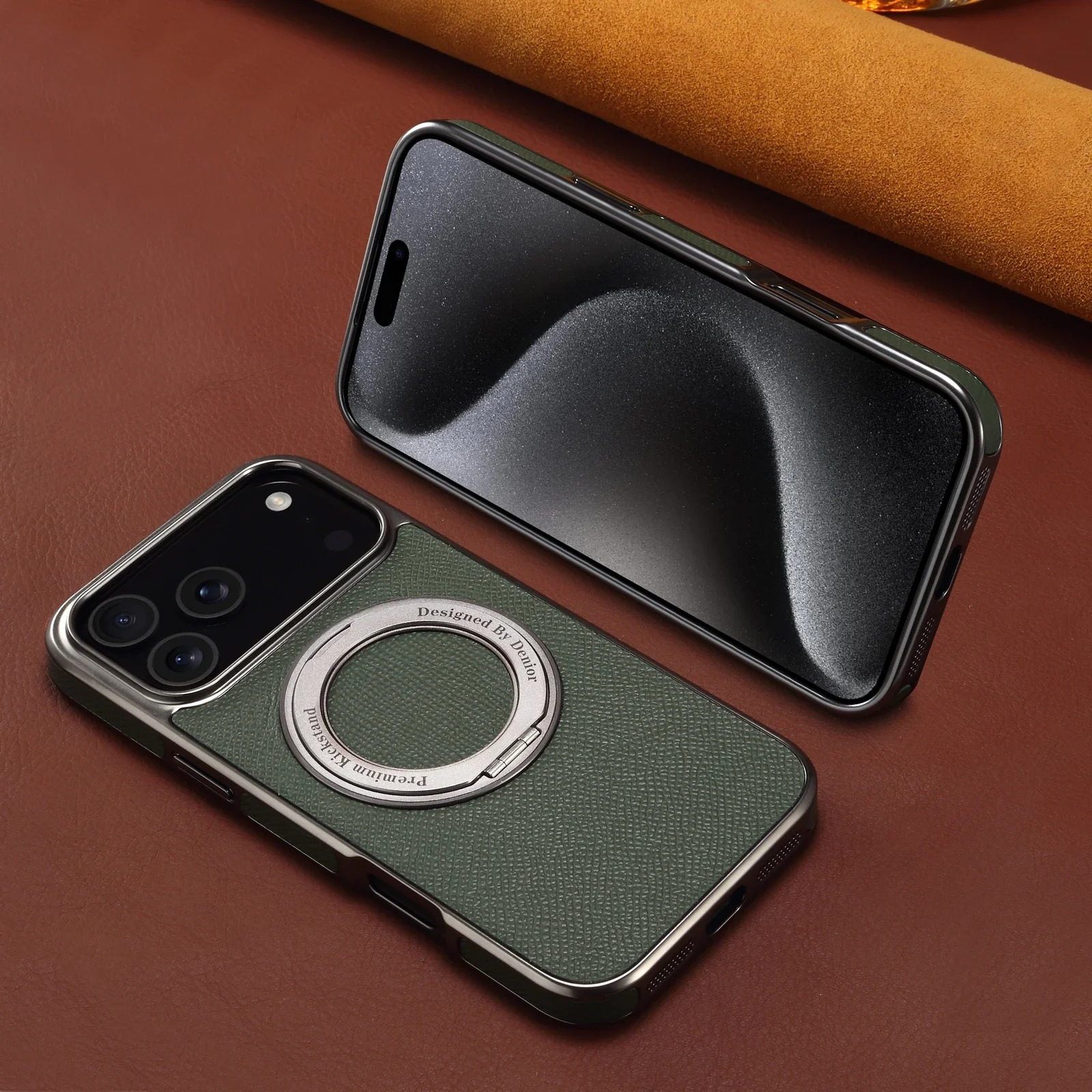 High-End Magnetic iPhone Case — Genuine Cowhide Leather Full Coverage with Invisible Ring Bracket, Shockproof Anti-Fingerprint Slim Design