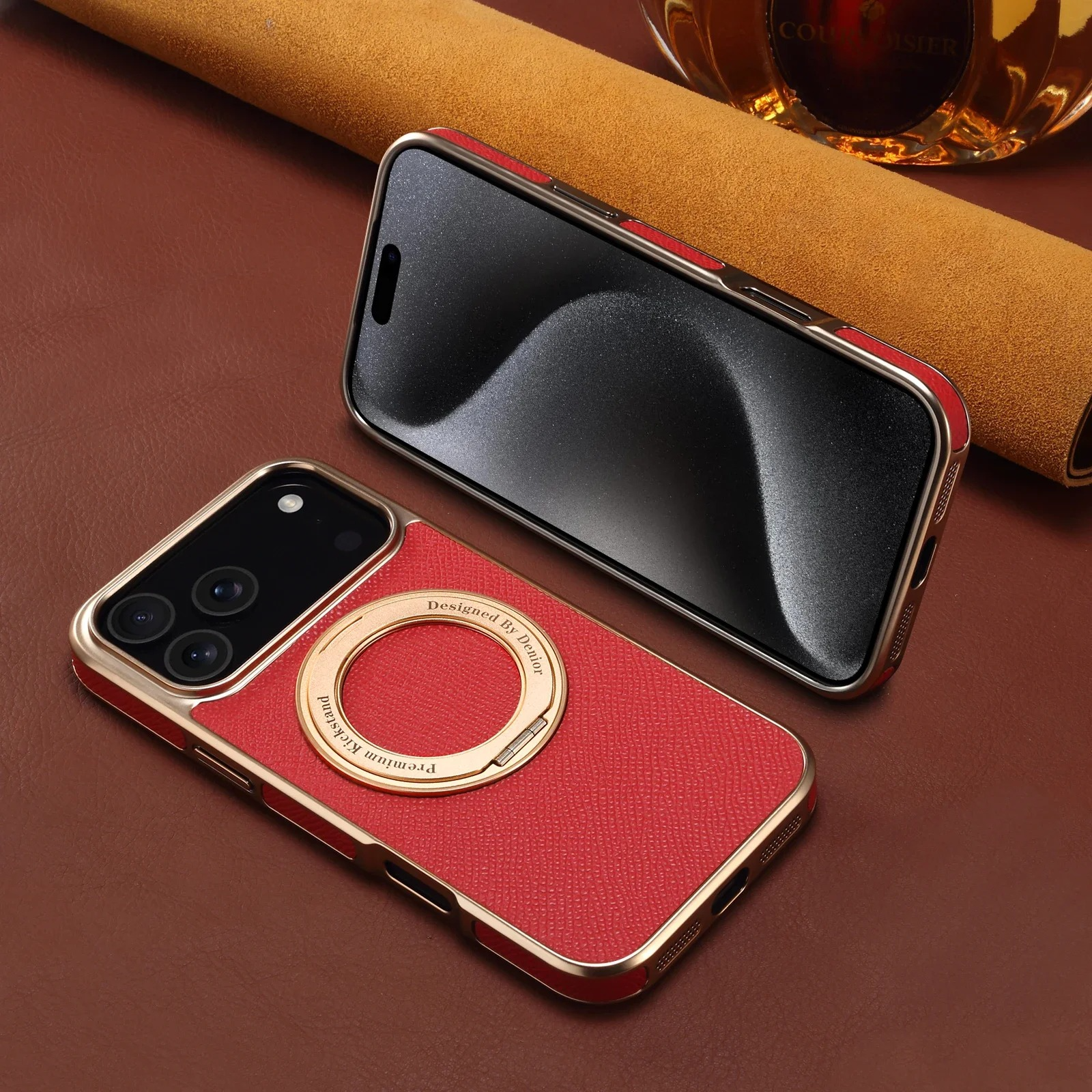 High-End Magnetic iPhone Case — Genuine Cowhide Leather Full Coverage with Invisible Ring Bracket, Shockproof Anti-Fingerprint Slim Design