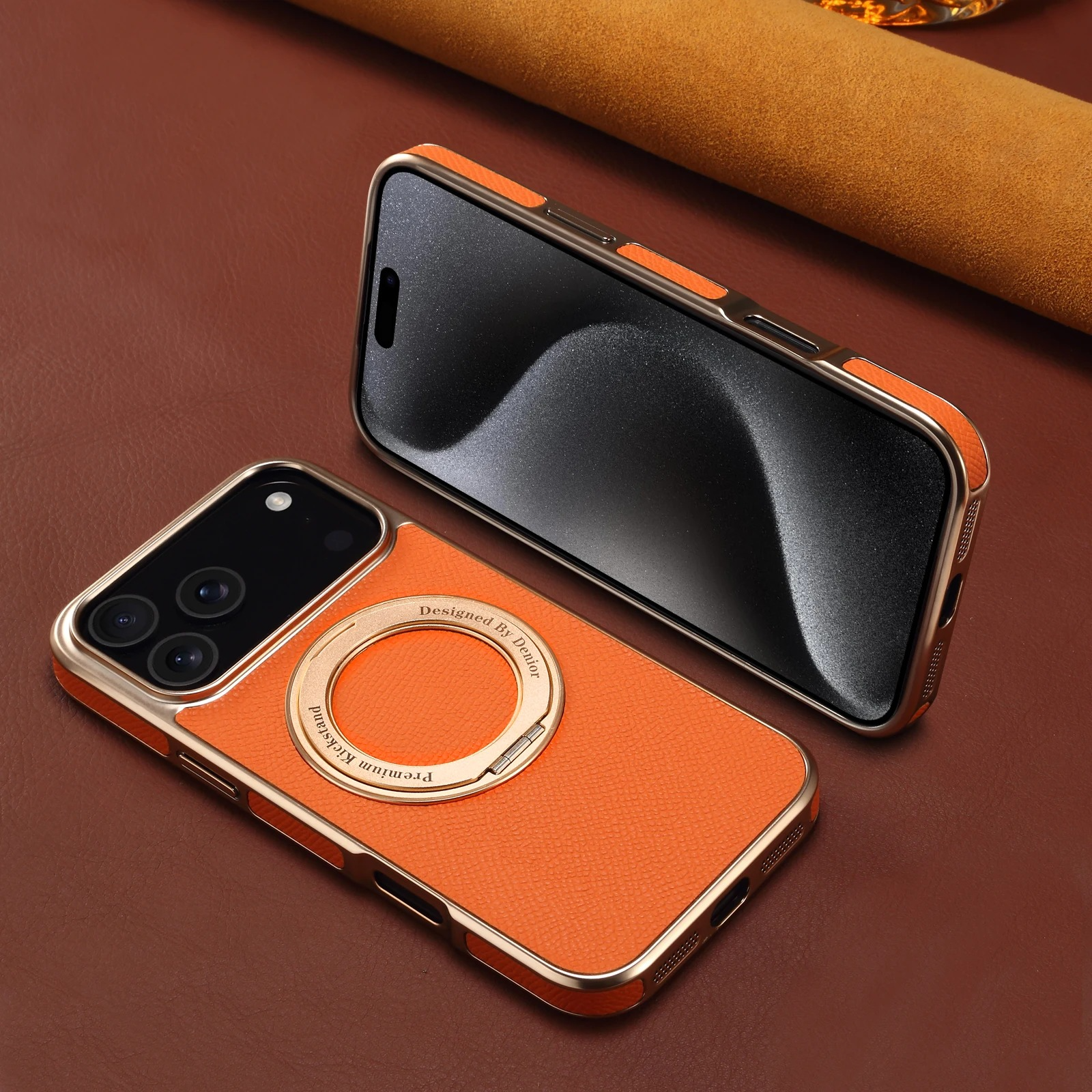 High-End Magnetic iPhone Case — Genuine Cowhide Leather Full Coverage with Invisible Ring Bracket, Shockproof Anti-Fingerprint Slim Design