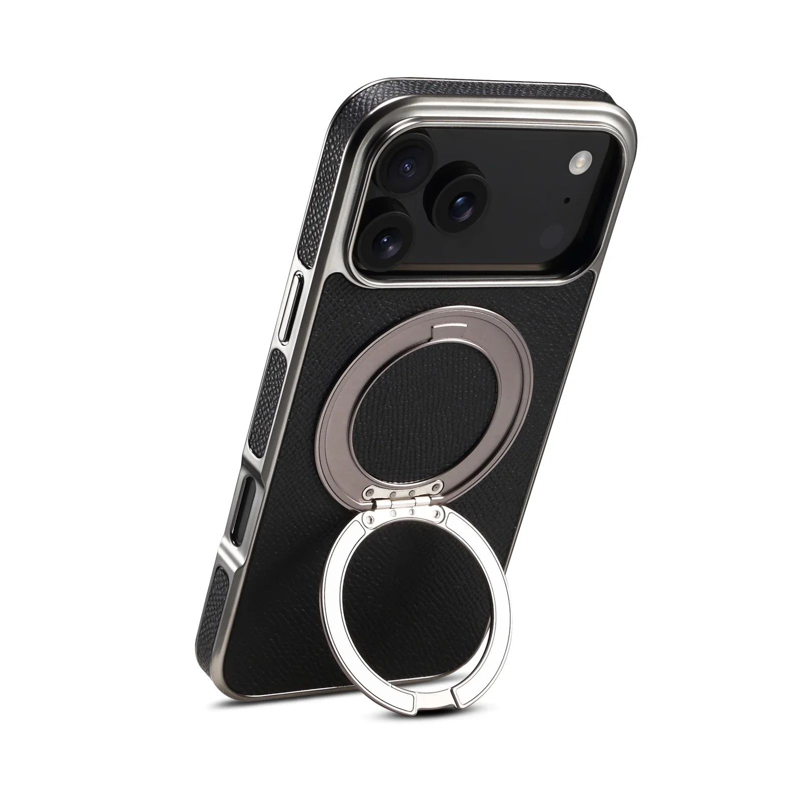 High-End Magnetic iPhone Case — Genuine Cowhide Leather Full Coverage with Invisible Ring Bracket, Shockproof Anti-Fingerprint Slim Design