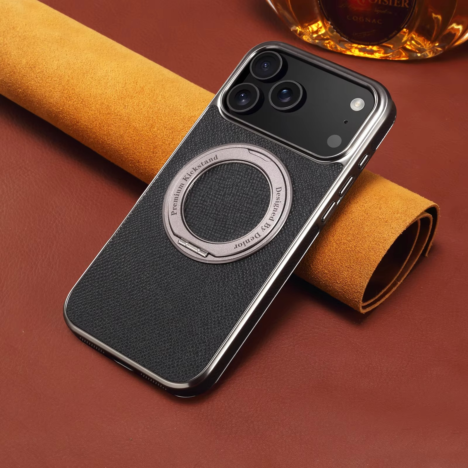 High-End Magnetic iPhone Case — Genuine Cowhide Leather Full Coverage with Invisible Ring Bracket, Shockproof Anti-Fingerprint Slim Design