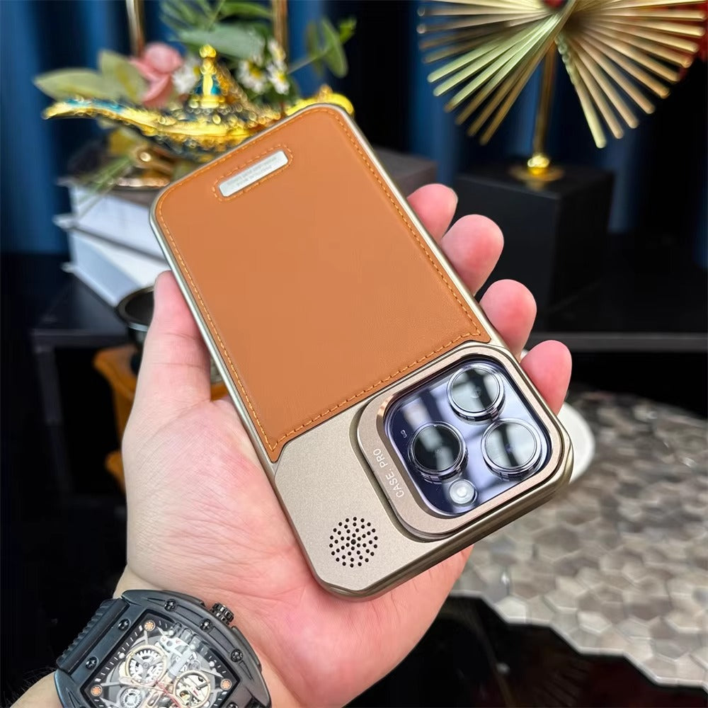High-end Leather Feel MagSafe Phone Case — Wireless Charging, Alloy Lens Holder, Tough Anti-Fingerprint Hard PC Cover for iPhone