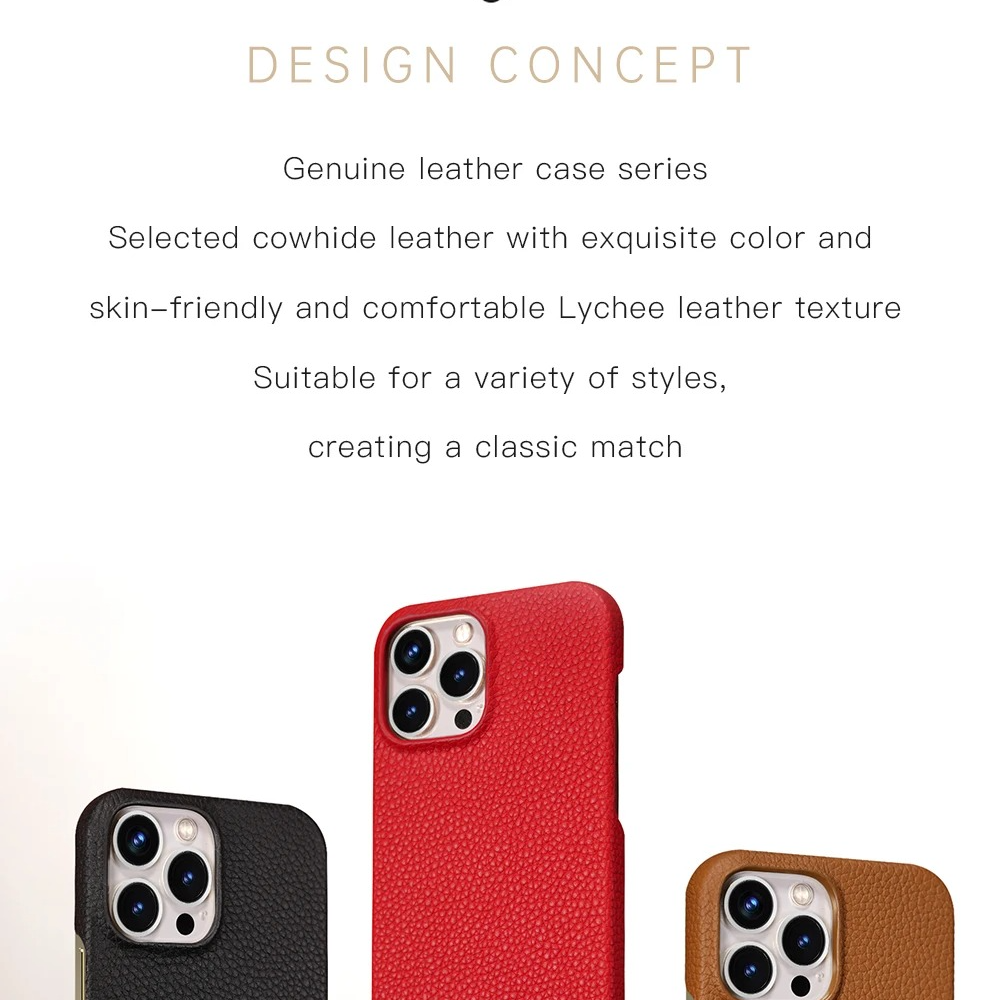 Luxury iPhone Case — Genuine Lychee Cowhide Leather Back Cover with Slim Shockproof PC Frame, Anti-Fingerprint Matte Finish and Precise Cutouts