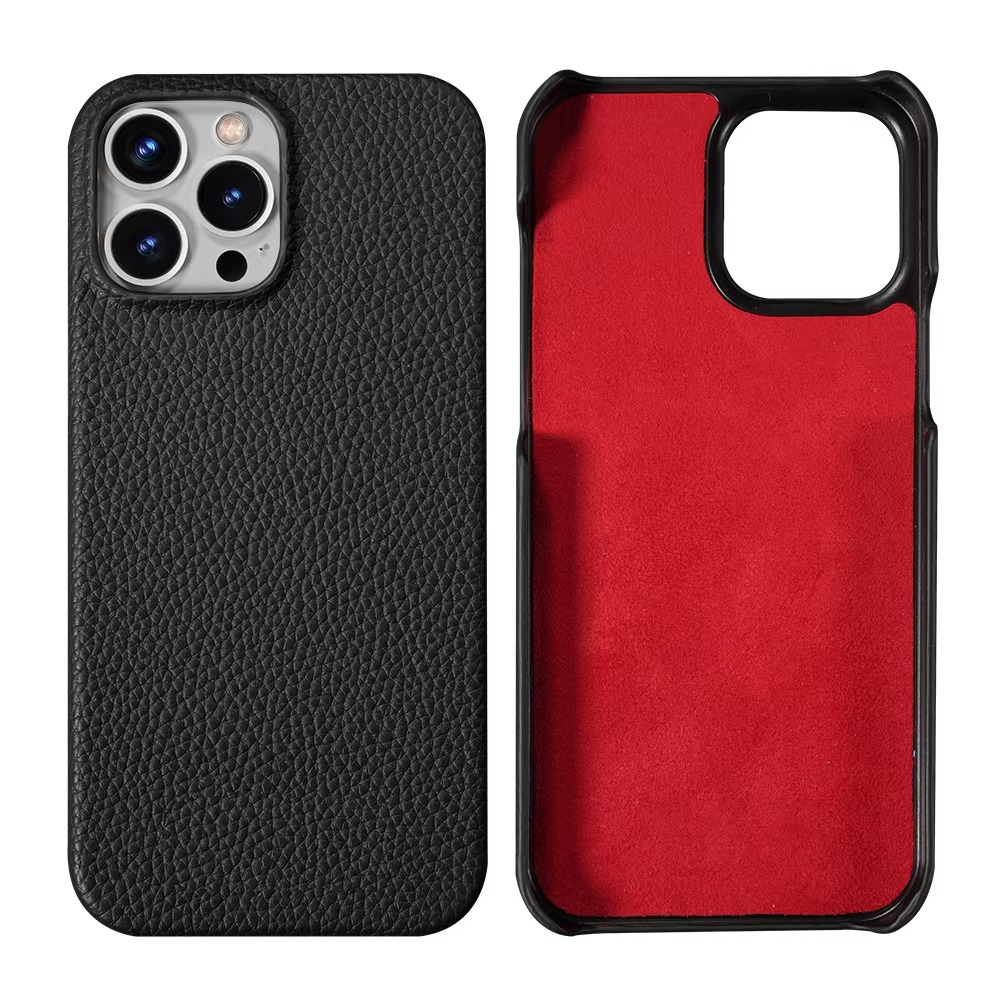 Luxury iPhone Case — Genuine Lychee Cowhide Leather Back Cover with Slim Shockproof PC Frame, Anti-Fingerprint Matte Finish and Precise Cutouts