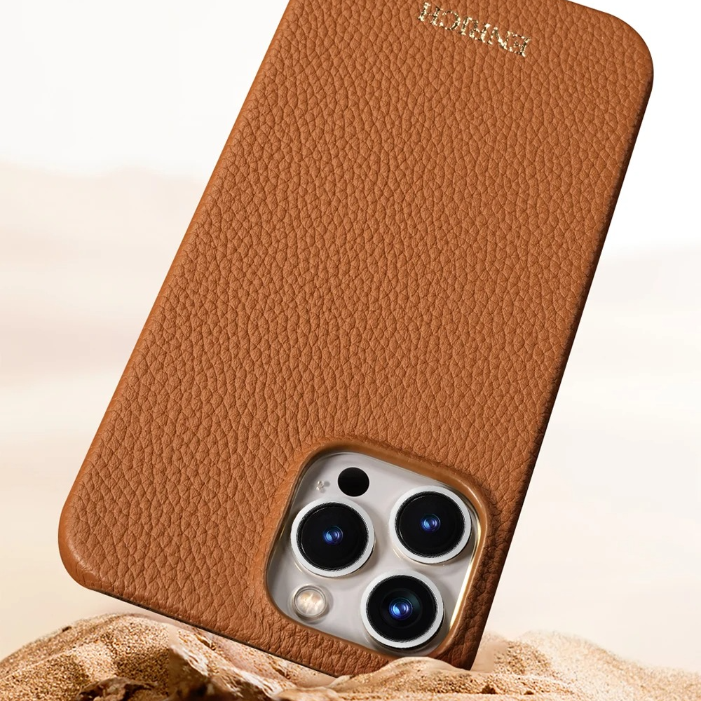 Luxury iPhone Case — Genuine Lychee Cowhide Leather Back Cover with Slim Shockproof PC Frame, Anti-Fingerprint Matte Finish and Precise Cutouts