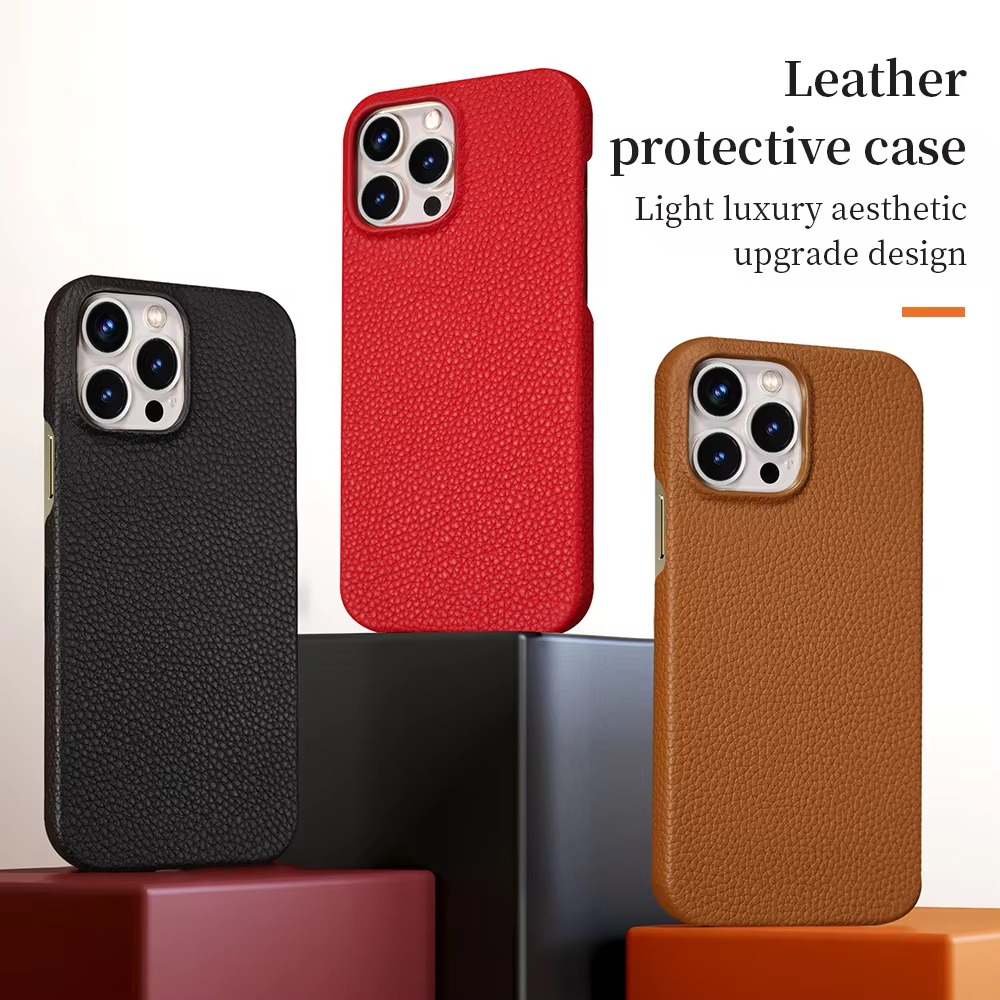 Luxury iPhone Case — Genuine Lychee Cowhide Leather Back Cover with Slim Shockproof PC Frame, Anti-Fingerprint Matte Finish and Precise Cutouts