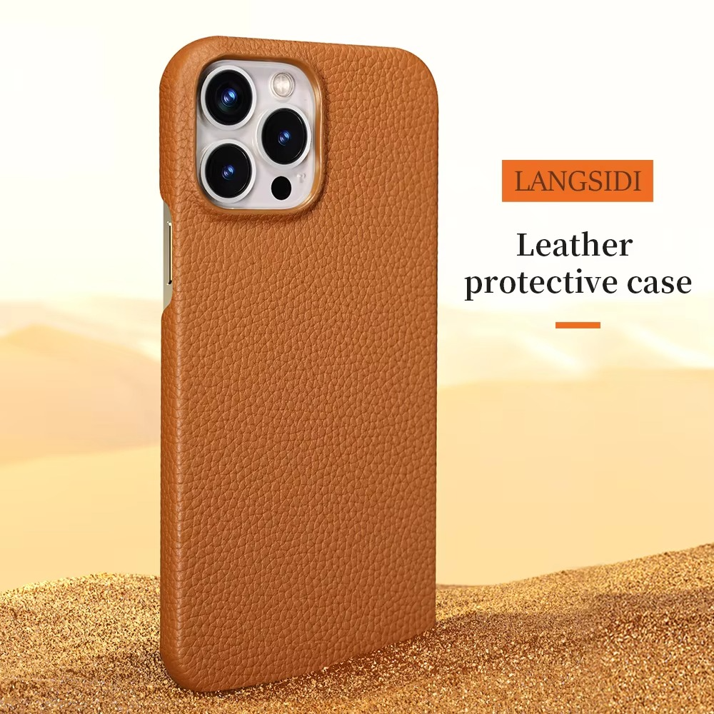 Luxury iPhone Case — Genuine Lychee Cowhide Leather Back Cover with Slim Shockproof PC Frame, Anti-Fingerprint Matte Finish and Precise Cutouts