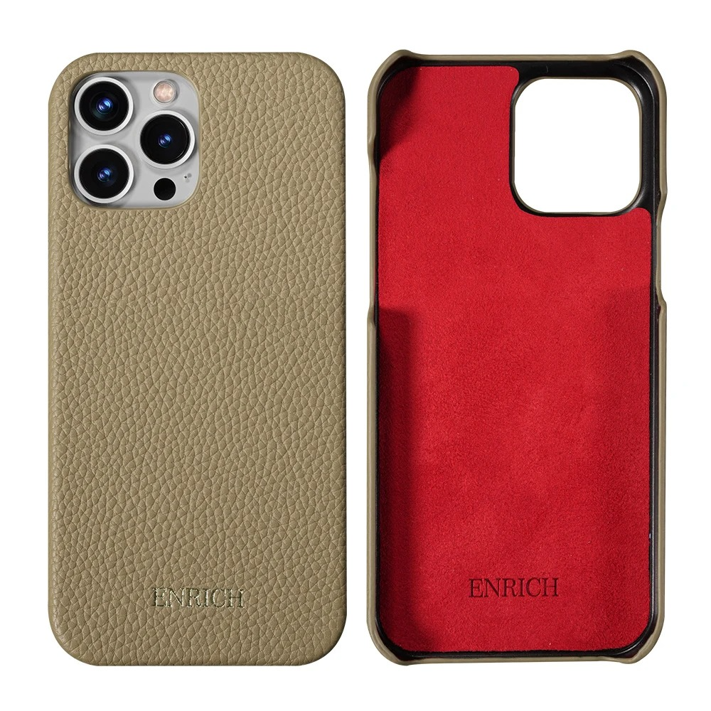 Luxury iPhone Case — Genuine Lychee Cowhide Leather Back Cover with Slim Shockproof PC Frame, Anti-Fingerprint Matte Finish and Precise Cutouts