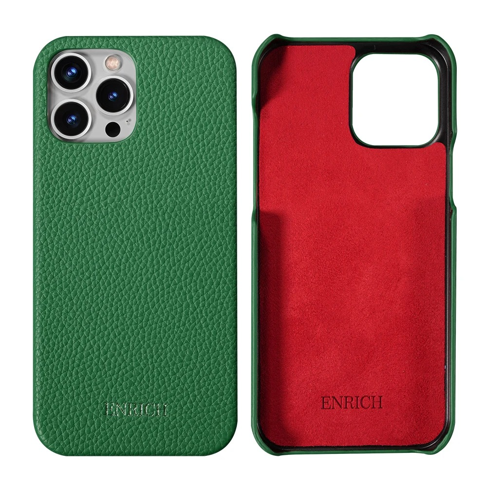 Luxury iPhone Case — Genuine Lychee Cowhide Leather Back Cover with Slim Shockproof PC Frame, Anti-Fingerprint Matte Finish and Precise Cutouts