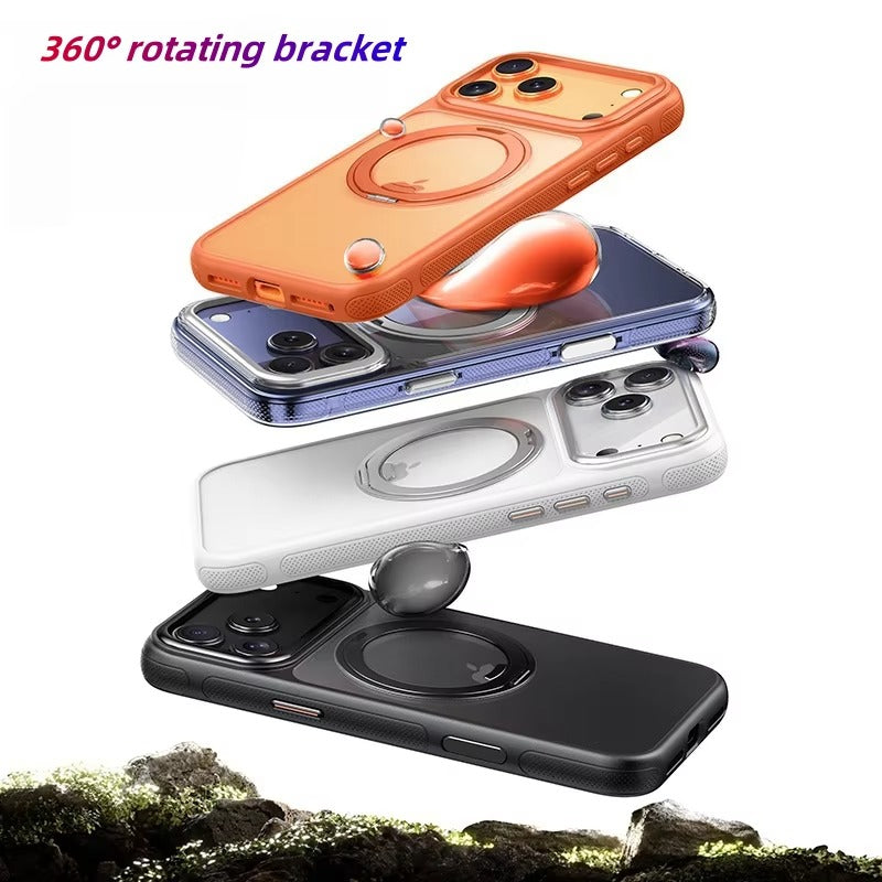 Luxury iPhone Case — 360° Rotating Magnetic MagSafe Compatible PC+Metal Half-Wrapped Cover with Stand Holder, Shockproof, Anti-Fingerprint, Non-Slip Design