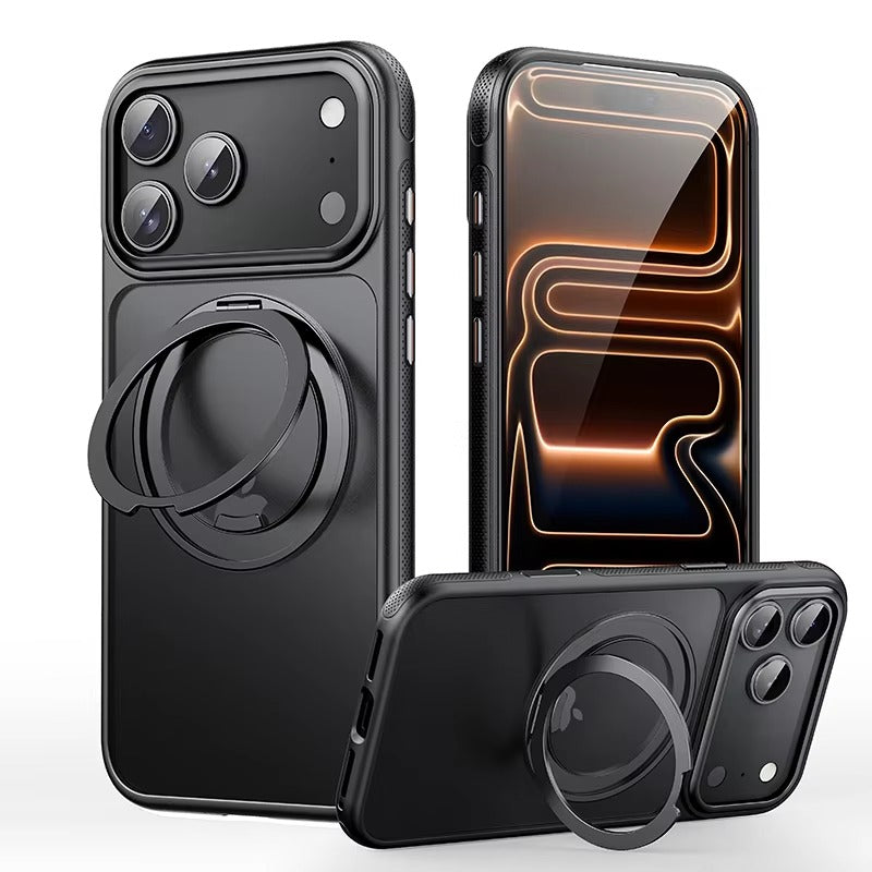Luxury iPhone Case — 360° Rotating Magnetic MagSafe Compatible PC+Metal Half-Wrapped Cover with Stand Holder, Shockproof, Anti-Fingerprint, Non-Slip Design