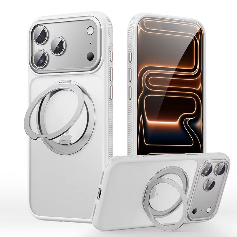 Luxury iPhone Case — 360° Rotating Magnetic MagSafe Compatible PC+Metal Half-Wrapped Cover with Stand Holder, Shockproof, Anti-Fingerprint, Non-Slip Design