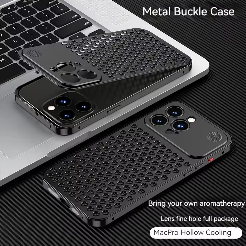 Luxury Aluminum Alloy iPhone Case — Full Coverage Shockproof Cooling Design with Aromatherapy Diffuser, Matte Anti-Fingerprint Finish, Non-Slip
