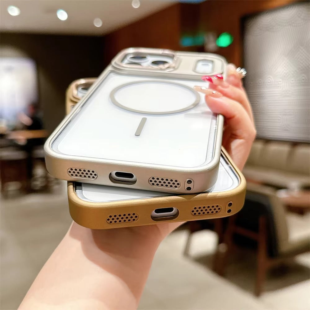 Luxury iPhone Case — Armor Magnetic Transparent Shockproof Acrylic Half-Wrapped Cover with Diamond Lens and MagSafe Wireless-Charging Compatibility