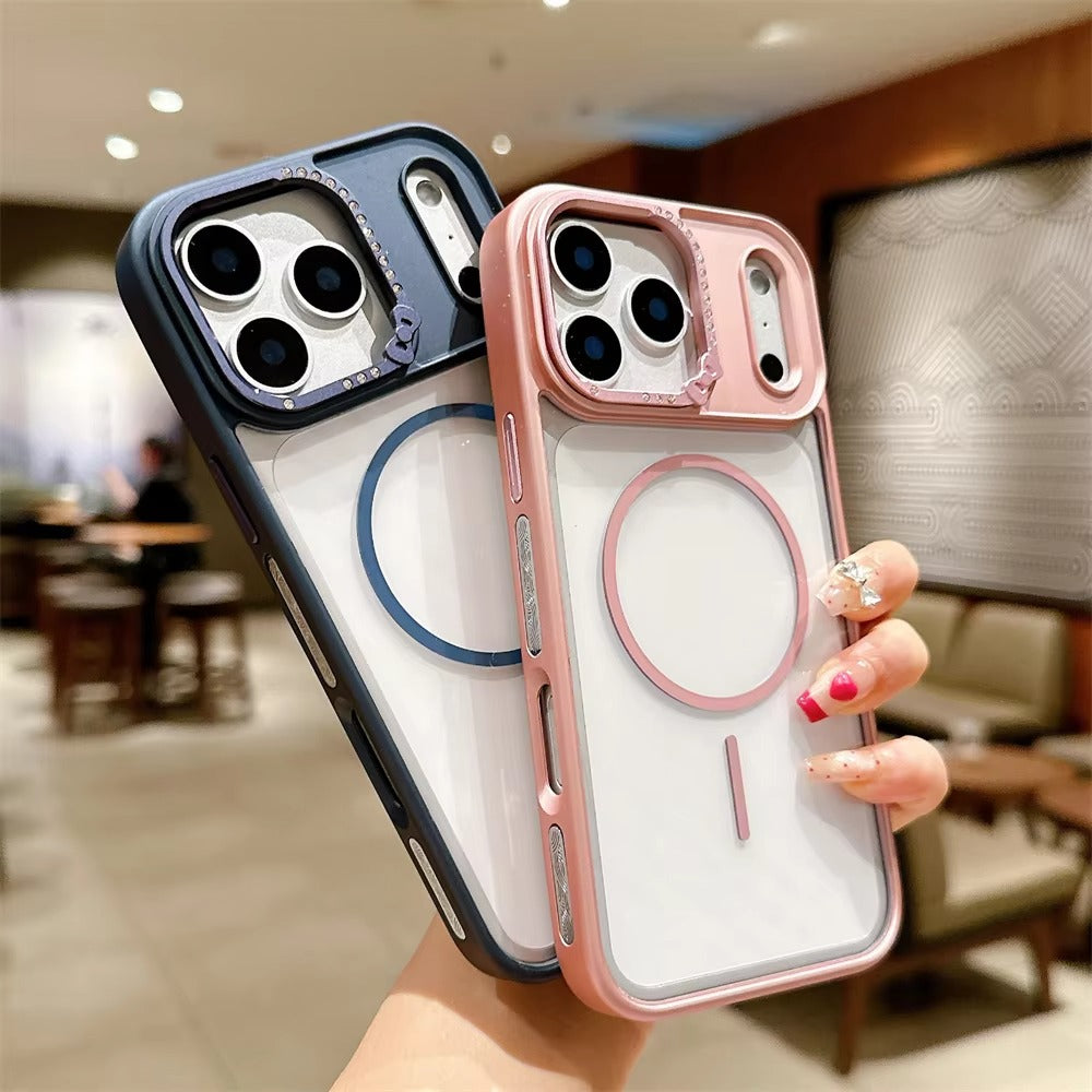 Luxury iPhone Case — Armor Magnetic Transparent Shockproof Acrylic Half-Wrapped Cover with Diamond Lens and MagSafe Wireless-Charging Compatibility