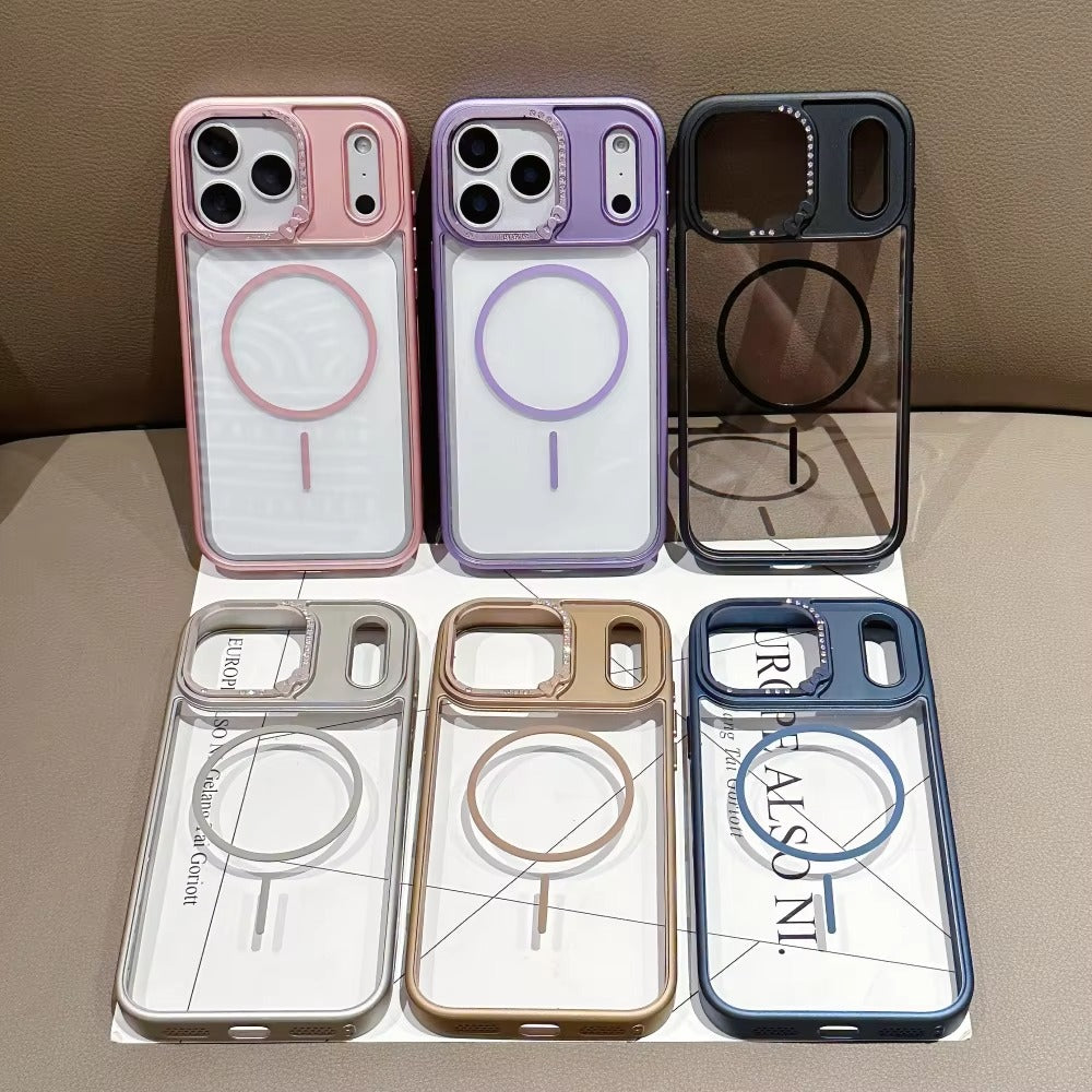 Luxury iPhone Case — Armor Magnetic Transparent Shockproof Acrylic Half-Wrapped Cover with Diamond Lens and MagSafe Wireless-Charging Compatibility