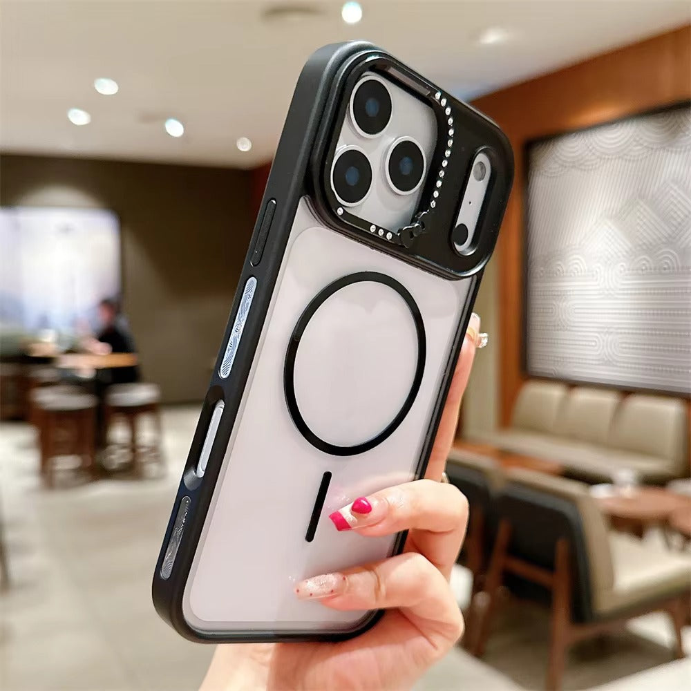 Luxury iPhone Case — Armor Magnetic Transparent Shockproof Acrylic Half-Wrapped Cover with Diamond Lens and MagSafe Wireless-Charging Compatibility