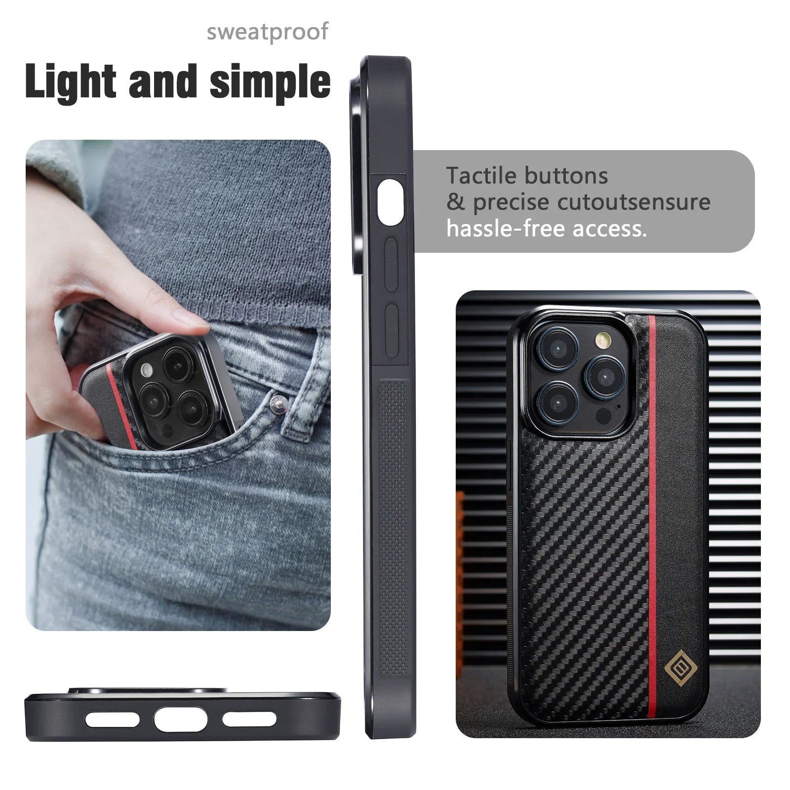 Luxury Carbon Fiber PU Leather Shockproof iPhone Case — Anti-Fingerprint Non-Slip Slim Back Cover with Camera Protection