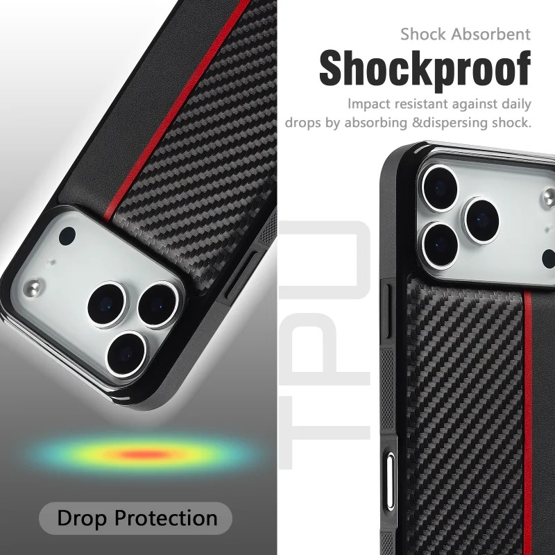 Luxury Carbon Fiber PU Leather Shockproof iPhone Case — Anti-Fingerprint Non-Slip Slim Back Cover with Camera Protection