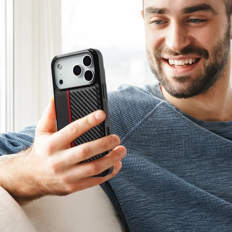 Luxury Carbon Fiber PU Leather Shockproof iPhone Case — Anti-Fingerprint Non-Slip Slim Back Cover with Camera Protection