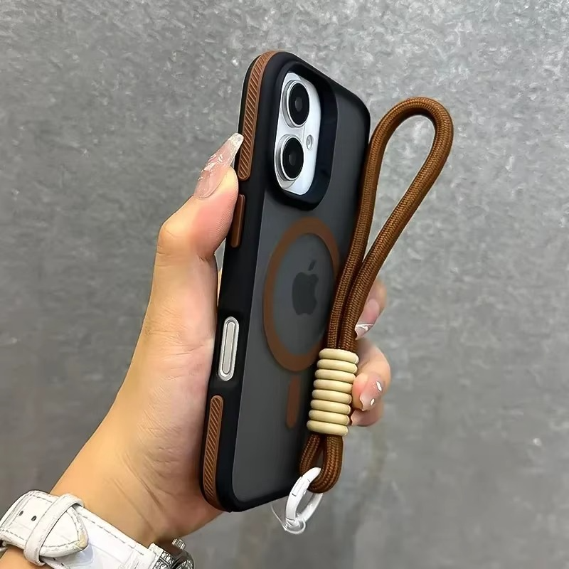 Luxury Dual-Color Magnetic iPhone Case — Magsafe Compatible Half-Wrapped Cover with Wrist Strap, Shockproof, Anti-Fingerprint, Non-Slip, Matte Finish