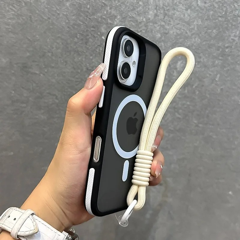 Luxury Dual-Color Magnetic iPhone Case — Magsafe Compatible Half-Wrapped Cover with Wrist Strap, Shockproof, Anti-Fingerprint, Non-Slip, Matte Finish