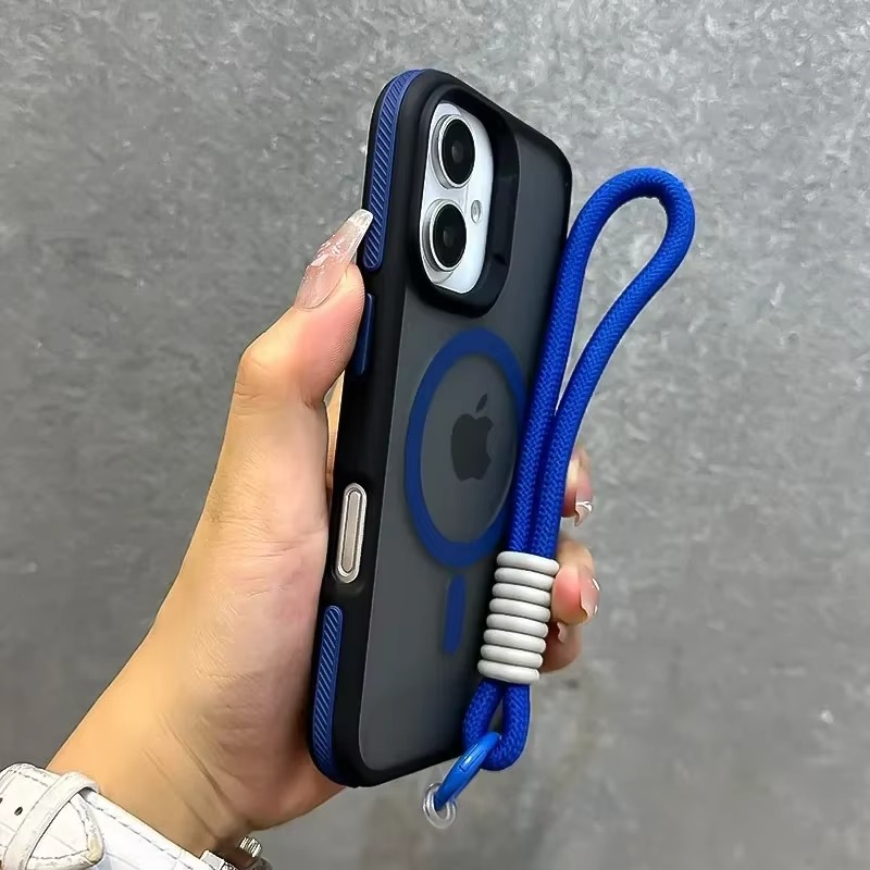 Luxury Dual-Color Magnetic iPhone Case — Magsafe Compatible Half-Wrapped Cover with Wrist Strap, Shockproof, Anti-Fingerprint, Non-Slip, Matte Finish