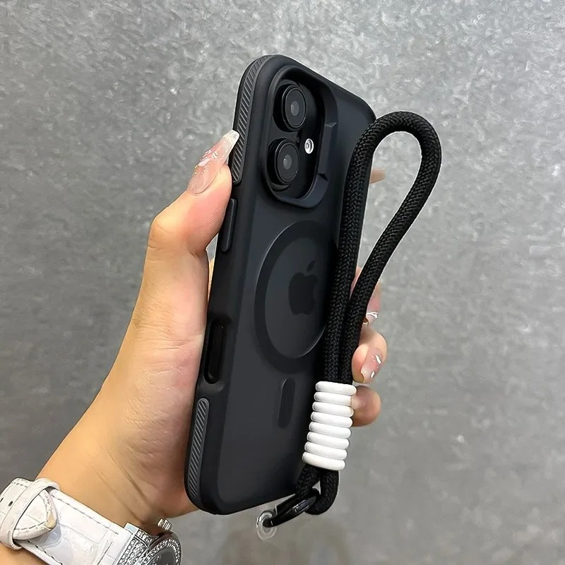 Luxury Dual-Color Magnetic iPhone Case — Magsafe Compatible Half-Wrapped Cover with Wrist Strap, Shockproof, Anti-Fingerprint, Non-Slip, Matte Finish