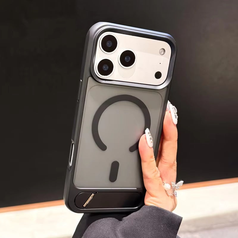 Luxury iPhone Case — Foldable Magnetic MagSafe Compatible Half-Wrapped PC Cover with Matte Finish, Shockproof, Anti-Fingerprint, Stand Holder, Non-Slip Design