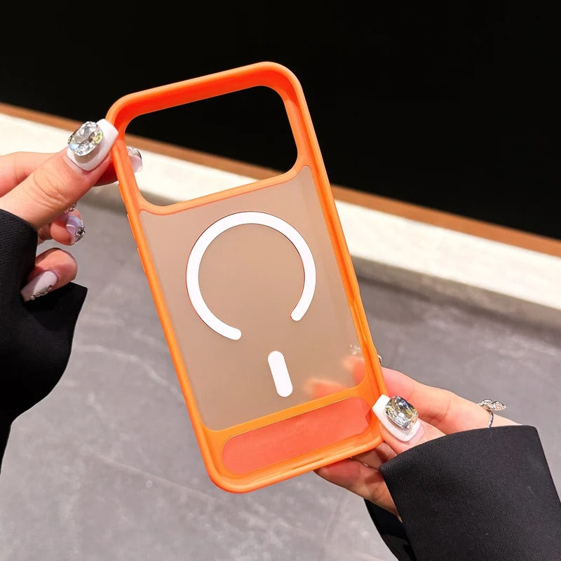 Luxury iPhone Case — Foldable Magnetic MagSafe Compatible Half-Wrapped PC Cover with Matte Finish, Shockproof, Anti-Fingerprint, Stand Holder, Non-Slip Design