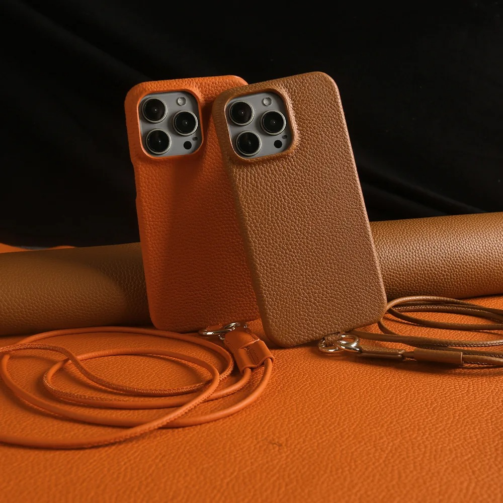 Luxury Genuine Leather iPhone Case — Cowhide Half-Wrapped Cover with Crossbody Strap, Anti-Scratch, Dustproof, Non-Slip Protective Shell