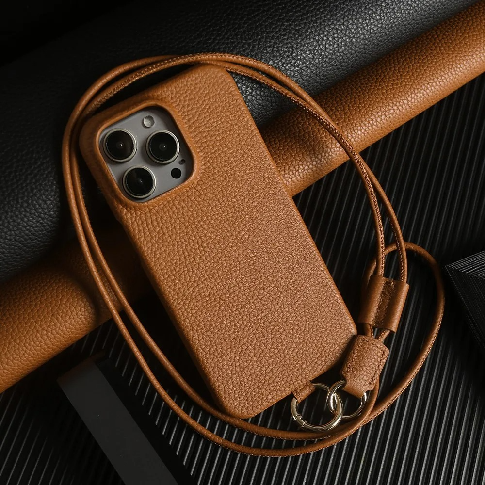 Luxury Genuine Leather iPhone Case — Cowhide Half-Wrapped Cover with Crossbody Strap, Anti-Scratch, Dustproof, Non-Slip Protective Shell