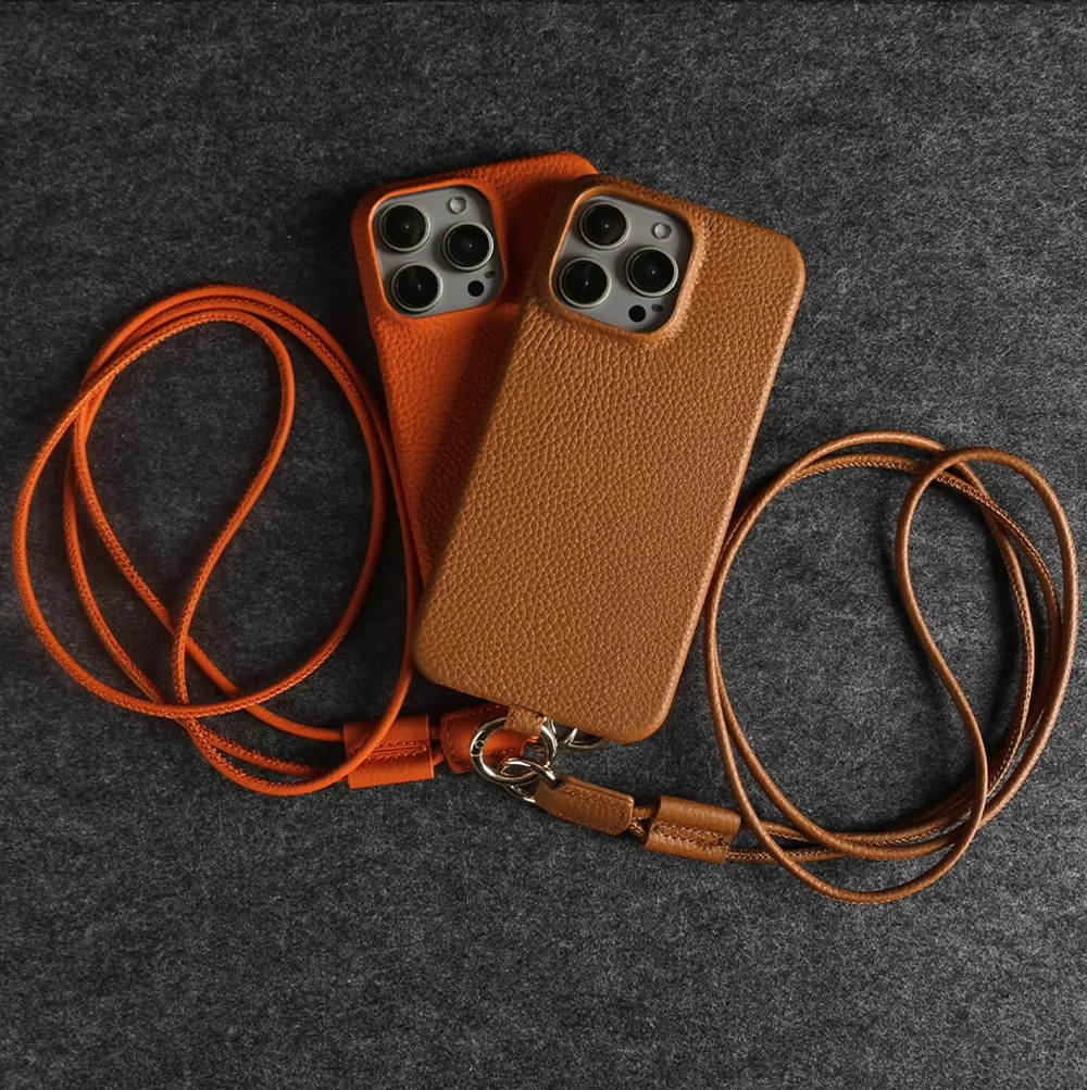 Luxury Genuine Leather iPhone Case — Cowhide Half-Wrapped Cover with Crossbody Strap, Anti-Scratch, Dustproof, Non-Slip Protective Shell