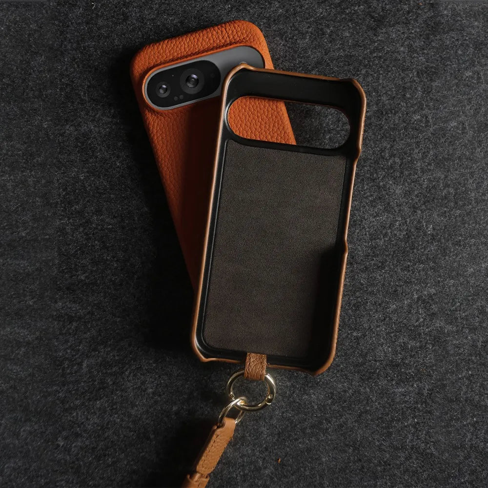 Luxury Genuine Leather iPhone Case — Cowhide Half-Wrapped Cover with Crossbody Strap, Anti-Scratch, Dustproof, Non-Slip Protective Shell