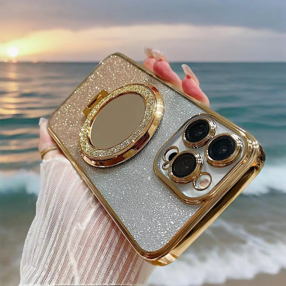 Luxury Glitter Gradient iPhone Case — MagSafe Compatible Half-Wrapped Cover with Mirror Finish, Stand Bracket, Shockproof, Anti-Fingerprint, Anti-Scratch