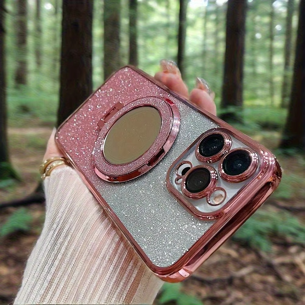 Luxury Glitter Gradient iPhone Case — MagSafe Compatible Half-Wrapped Cover with Mirror Finish, Stand Bracket, Shockproof, Anti-Fingerprint, Anti-Scratch