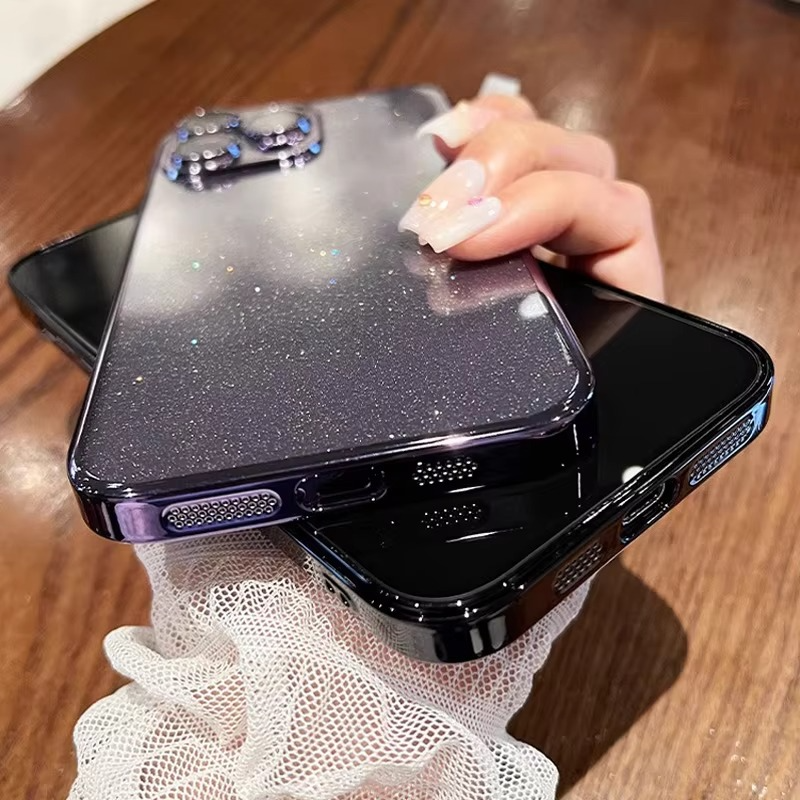 Luxury Glitter Transparent iPhone Case — Slim Hard PC Cover with Anti-Fingerprint, Anti-Scratch, Dustproof, Non-Slip Design, Clear Plating Camera Protection